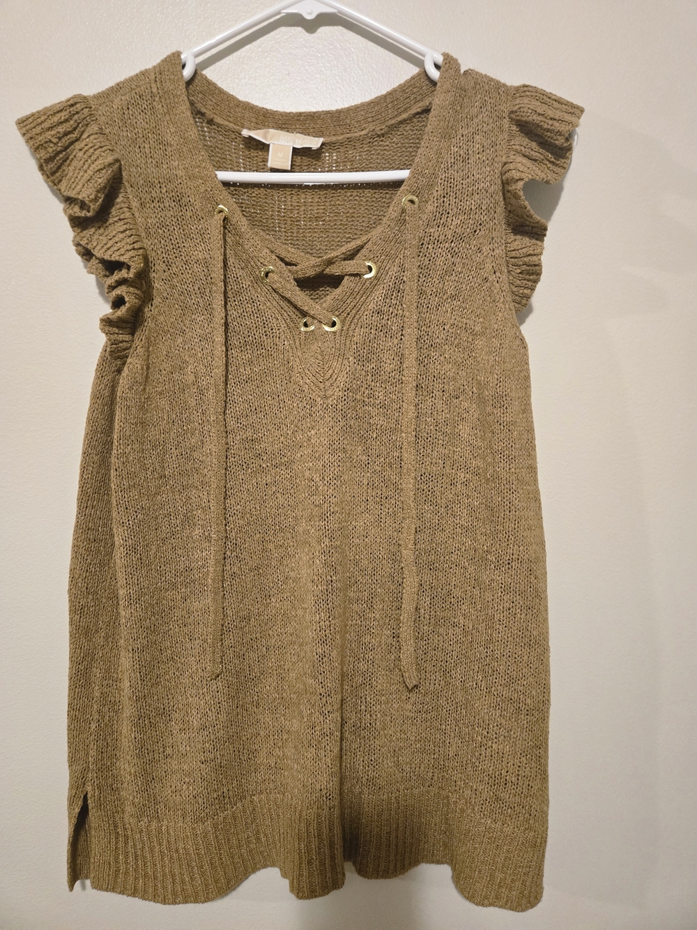MICHAEL Michael Kors Knit Lace-Up Ruffle Sleeve Top- Tan